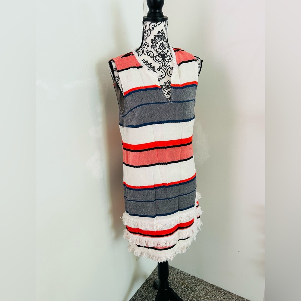 Chelsea & Theodore Women’s Striped Split Crew Neck Fringe Sleeveless Dress Sz M